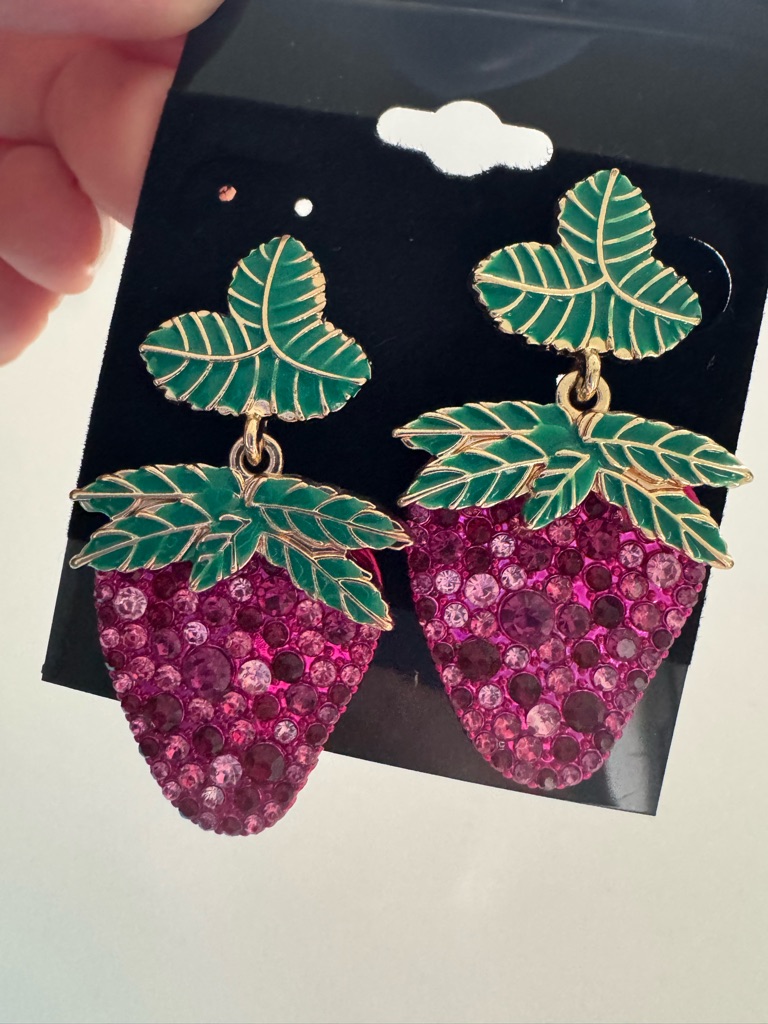 Fuchsia Crystal Strawberry Drop Earrings With Green Enamel Leaves Sugarfix